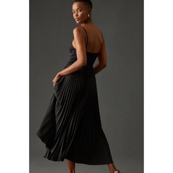 ANTHROPOLOGIE | $180 Sweetheart Bodice Pleated Midi Dress in Black, Size Small - Picture 3 of 12